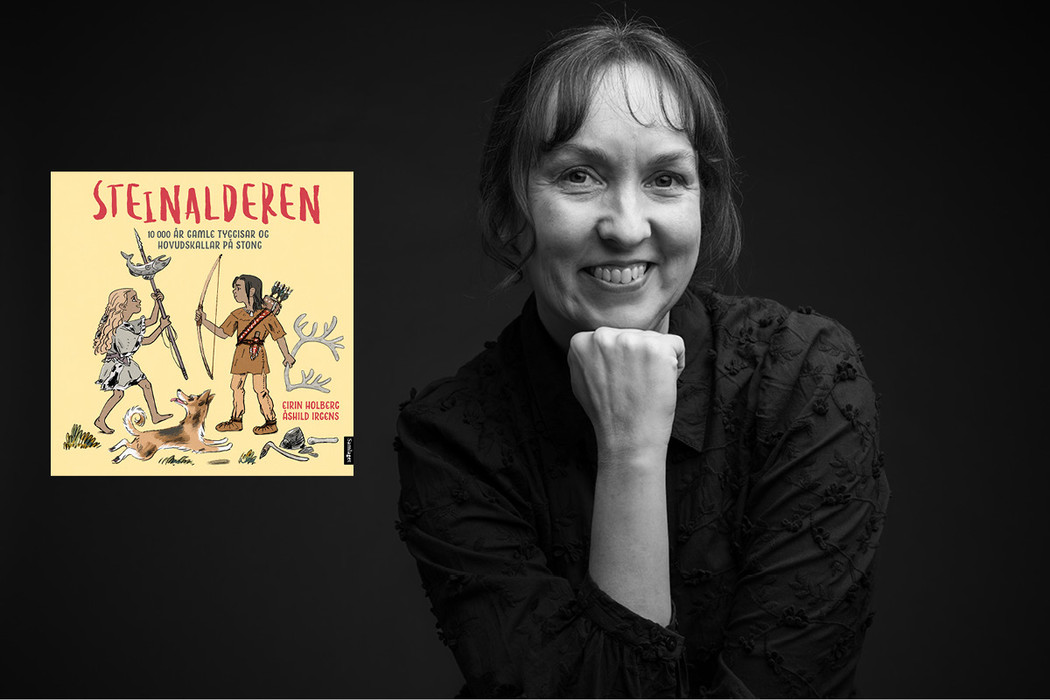 Kollasj med omslag av barnebok og portrett av forfatteren, en kvinne med hånda under haka og svart skjorte.