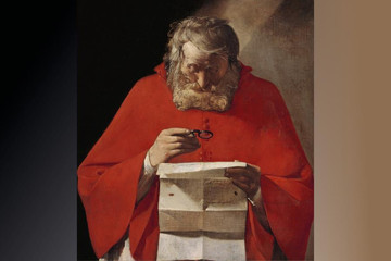Maleri av mann i rød kappe som leser. 